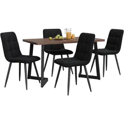 STILVORA Essgruppe 5-teilig Esstisch mit 4 Stühlen Walnuss 117x68x75 cm MDF Tischplatte Samtbezug schwarze Metallbeine platzsparend