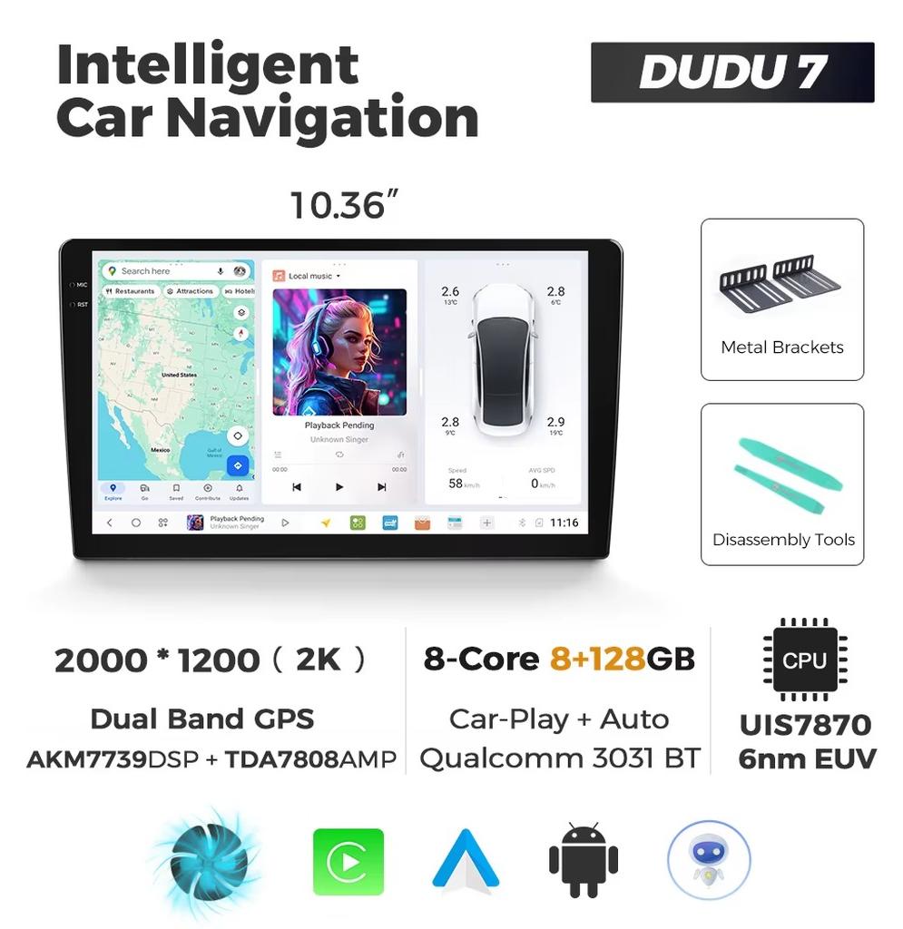 Autoradio - DUDU7 Android-Multimedia-System - Kabelloses CarPlay - 10,36-Zoll-Touchscreen - 8 GB RAM - 128 GB Speicher - Android 13