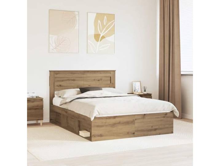 Massivholz Kopfteil Modernes Minimalismus Design 140 x 190 cm Braun Bettrahmen mit Kopfteil Kunsthandwerk Eiche 140 x 190 cm Massivholz Bettgestell mit Lattenrost Stabiles Holzbett Doppelbett