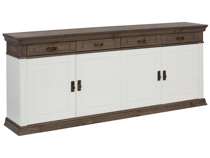 Sideboard GOODPRODUCT Vinales, Kommode, 4 Schubkästen, 4 Türen, 4 Fächer , weiss (weiß, wengefarben), B:202cm H:83cm T:39cm, FSC-zertifiziertes Massivholz, Sideboards, Sideboard, Massivholz, Messinggriffe im Jugendstil, Zierleisten, eleganter Sockel