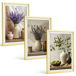 BILDER SET 3er Set - 40x60 cm Goldrahmen - Lavendelblüten, Oliven, Gefäße