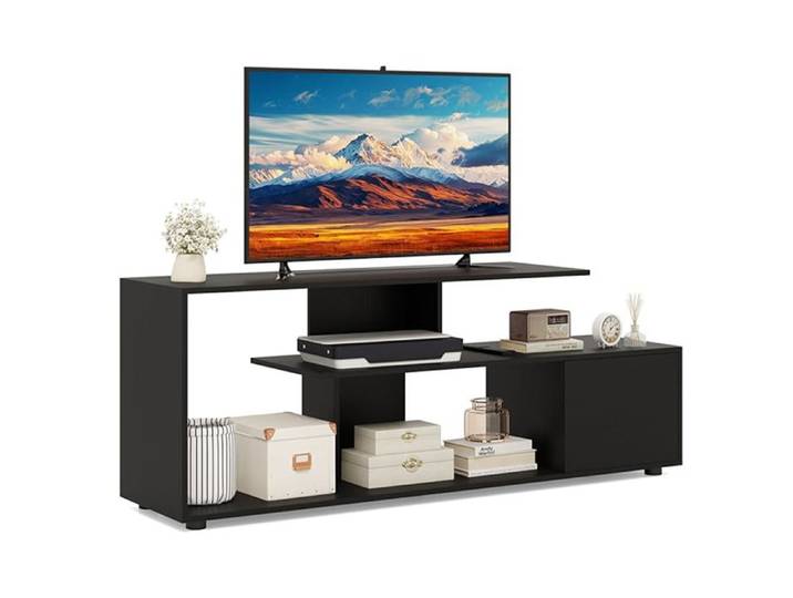 GIANTEX Meuble TV 152 cm- 3 Étagères- Armoire avec Porte- pour Téléviseurs Jusqu'à 55 Pouces- Style Moderne- Salon Chambre- Noir