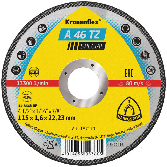 Disque de coupe Klingspor A 46 TZ115 x 1,6 x 22,23 mm plat (187170)