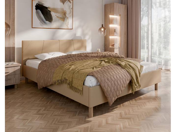 ALMORE Polsterbett – minimalistisches Design, Holzbett auf Füßen Federkernmatratze