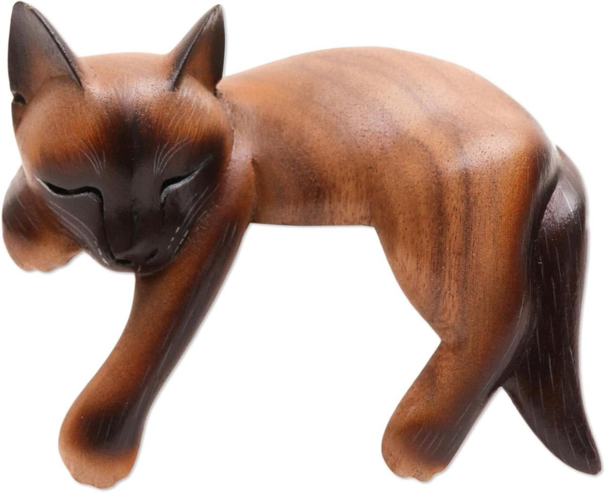 Houten Kat Beeldje Slapende Kat Bruin Hoogte: 10,9 cm