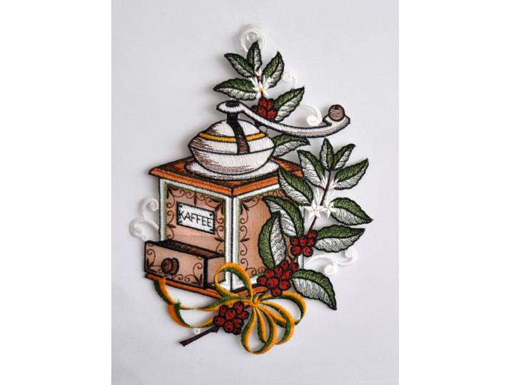 Fensterbild STICKEREIEN PLAUEN Kaffeemühle , bunt, B:22cm H:29cm, Polyester, Fensterbilder, Fensterbild