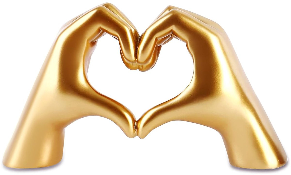 Gouden Hart-Handen Sculptuur van Hars - Moderne en Minimalistische Decoratie voor je Woonkamer