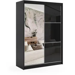 KLEIDERSCHRANK mit Spiegel-Schiebetüren und Aluminium-Leisten, LED-Beleuchtung - VIVONA - 150 cm Schwarz