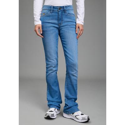 Bootcut-Jeans ARIZONA "Baby-Boot", Damen, Gr. 44, N-Gr, blau used, Denim/Jeans, Obermaterial: 79% Baumwolle, 19% Polyester, 2% Elasthan, Basic, eng lang, Jeans, Bootcut-Stil, figurbetonte Passform, mit Used-Effekten, Topseller