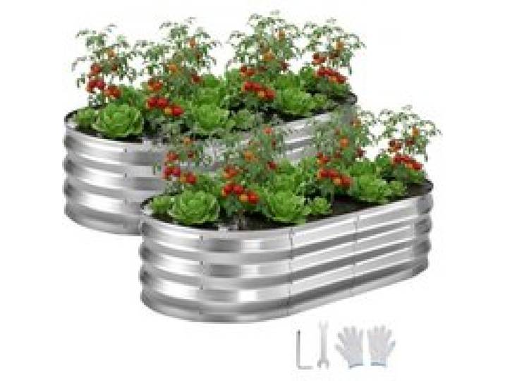 VEVOR Hochbeet Metall 2er-Pack 120x60x30 cm, Ovales Gartenbeet, Pflanzkasten-Set für den Außenbereich, Gemüsebeet mit Handschuhen, Blumenbeet, Pflanzbeet für Blumen & Gemüse, Silber