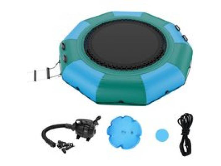 VEVOR Trampoline Aquatique Gonflable, Trampoline sur l’Eau 310x60 cm, Plate-forme de Natation Portable avec Échelle et Pompe à Air Électrique, Rebondisseur Flottant pour Enfants, Piscine, Bleu Vert