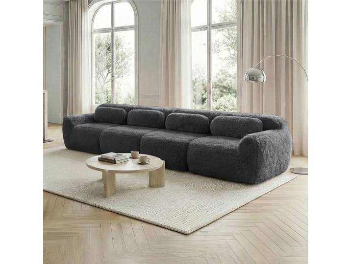 Canapé modulable - SOGEU - Canapé modulable 4 places - Tissu peluche gris - Mousse HR 32D - Réversible sans montage