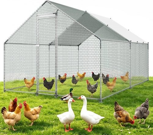 VEVOR kippenhok met inloopren en overkapping, zilver, B/D/H: 4 x 3 x 2 m