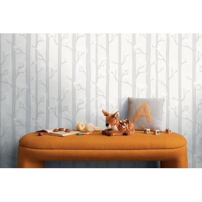 Vliestapete LIVING WALLS "Kids Studio Wald – Baum Vliestapete für Kinder", grau, B:0,53m H:0m L:10,05m, Vinyl, Vlies, Tapeten, Stilisiertes Waldmotiv mit Bäumen, Zweigen und feinen Blättern