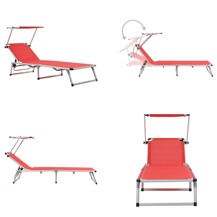 vidaXL Opklapbare ligstoel met zonnescherm, aluminium en textiel, rood