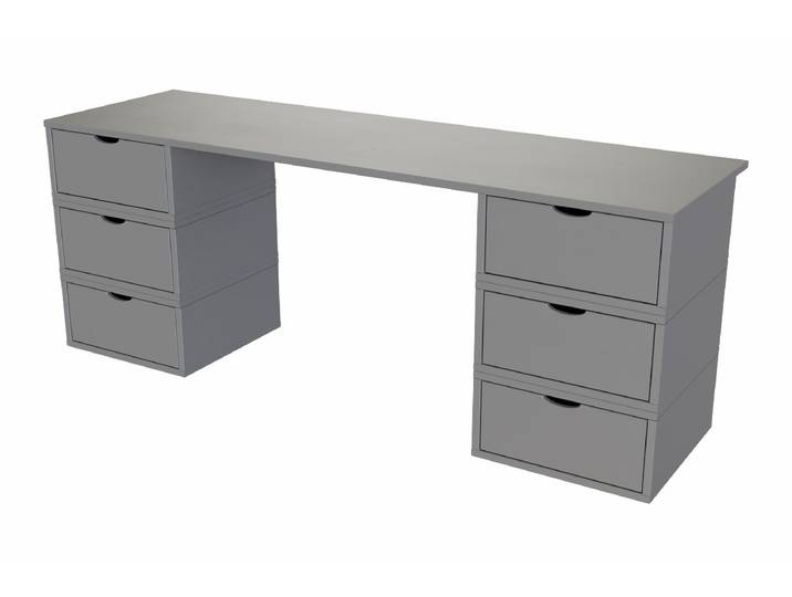 Bureau bois massif long 6 tiroirs cube Gris