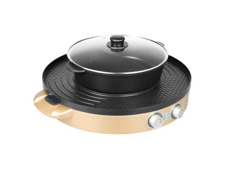 Hot Pot mit Grill,2200W Elektrischer Hot Pot, Elektrische Tischgrills,2 in 1 Hotpot und Raclette grill,Hotpot Pot BBQ Grill rauchfrei für Simmer, Kochen,Braten,Gold