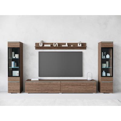 Wohnwand HOME AFFAIRE "VERA II", braun (villa nussbaum), B:260cm H:130cm, Kastenmöbel-Sets, Wohnwand, Vitrine mit Verglasung, stehend und hängend, inklusive Beleuchtung, Topseller