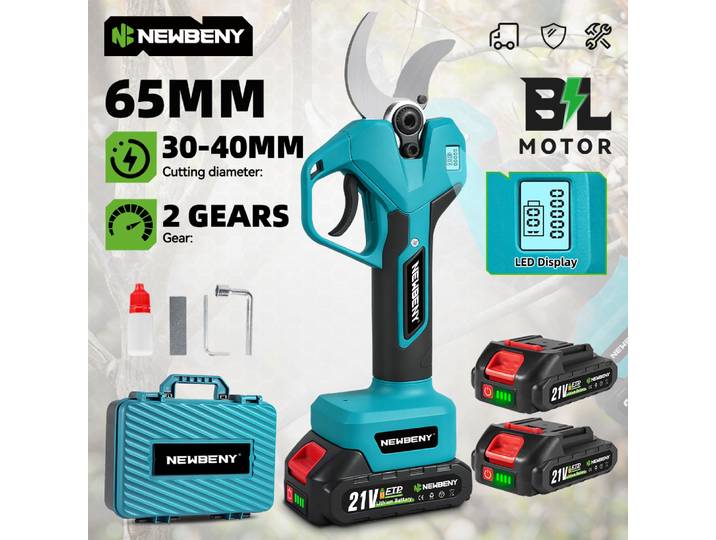NEWBENY Ciseaux électriques sans fil 65MM à 2 vitesses, cisailles de taille sans fil pour arbres fruitiers, outils électriques compatibles avec batterie Makita
