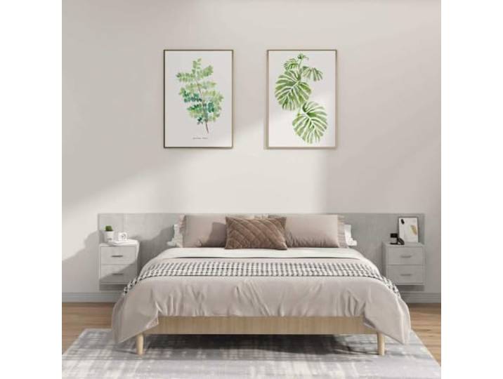 Kopfteil mit Nachttischen aus Holz, mehrschichtig, Grau, Beton, 2 Wanddesign, großer Stauraum, glatte Oberfläche, feuchtigkeitsbeständig, Farbe Betongrau, für jeden
