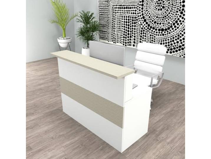 Henor Theke CIDACOS 100x75x110 cm Innentisch Weiß mit Eiche Stel 60 cm tiefer, freier Innentisch. Seitenwände bis zum Innentisch, 2 Kabeldurchführungen und 4 verstellbare Nivellierfüße.