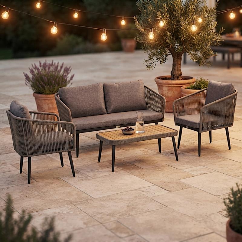 Gartenmöbel Set Sitzgruppe Rope Essgruppe Outdoor Gartenbank Gartentisch Grau