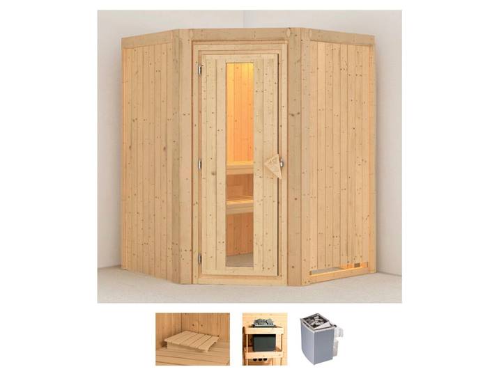 Sauna KARIBU Larin , beige (naturbelassen), Saunaofen, integrierte Steuerung, 9 kW, Saunen, Sauna, 9 KW-Ofen mit integrierter Steuerung