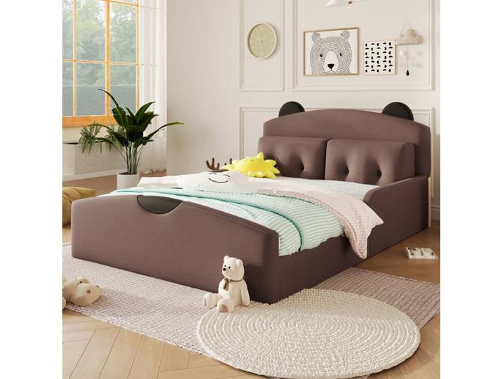 Lit plateforme rembourré IVMEU 140x200 cm tête de lit ours 2 coussins lin coffee