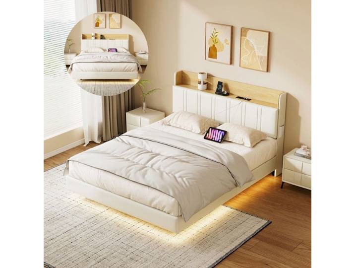 Lit flottant 140x190 cm lit 140x190 avec sommier lit double avec LED et 2 USB rangements intégrés tissu en PU blanc