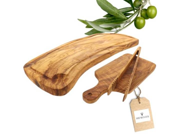 HOFMEISTER® Grill-Set Olivenholz - Schneidebrett, Servierbrettchen & Grillzange - Hochwertiges Holzgeschirr für BBQ, Grillen & Küche - Perfekte Geschenkidee für Grillliebhaber, 50 cm