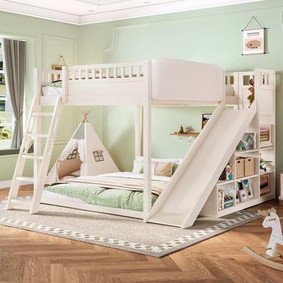 GREATPLANINC Wooden Loft Bed with Storage Shelves Slide Guardrails Ladders