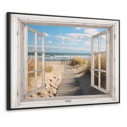 LEINWAND Bilder mit Rahmen - Fenster - Meer - Küste - Natur - Ausblick - Strand - Wattenmeer - 100x70