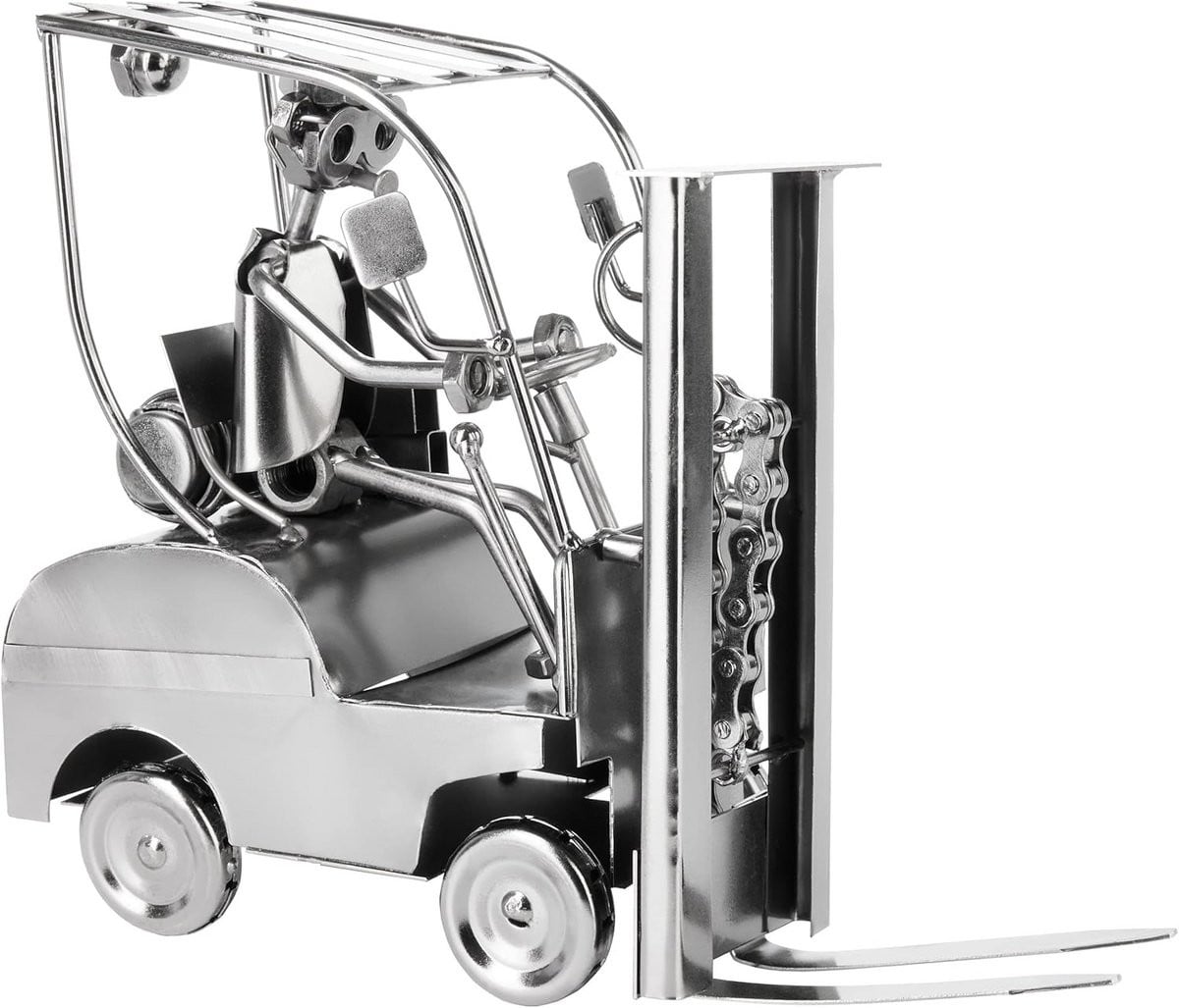 Handgemaakt Metaalfiguur Vorkheftruckbestuurder - Decoratief Tafelbeeld voor Logistiek Medewerkers
