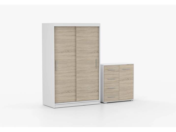 Schwebetürenschrank und Kommode 2er-Set NEOMI 04/FRIDA MINI 01 Weiß Sonoma Eiche