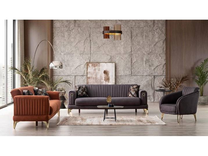 JVmoebel Polstergarnitur Komfortable Sofagarnitur in Terrakota Grau aus Polyester, (Set, 3-tlg), Made in Europe