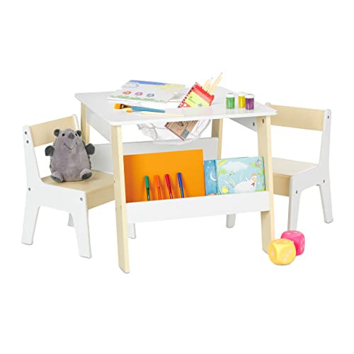 Relaxdays kindertafel set met 2 stoeltjes, wit/beige