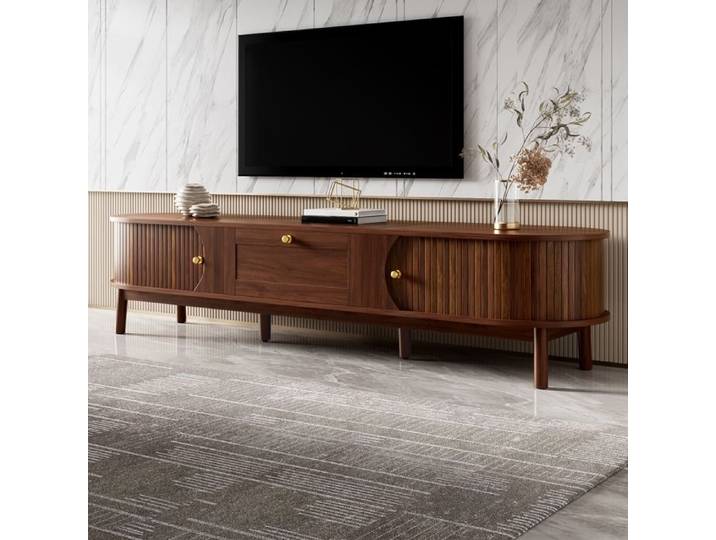 Meuble TV Moderne en Bois Massif avec Ttiroirs et 2 Portes Coulissantes Pieds en Bois Robustes Style Campagne 170x39.5x48cm