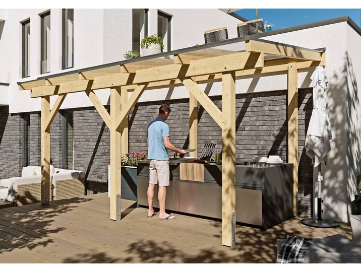 Terrassendach KONIFERA Fulu , beige (unbehandelt), B:510cm T:250cm, Fichtenholz, Leimholz, Polycarbonat (PC), Terrassenüberdachungen, Terrassendach, Bausatz aus naturbel. Leimholz mit lichtdurchl. Polycarbonat-Pultdach