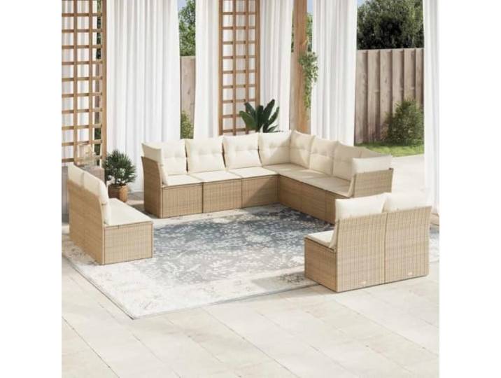 WDGJJFECNMUEHI Résine tressée imperméable Ensemble canapé beige 11 pièces Salon de jardin 11 pcs avec coussins beige resine tressee ensemble modulable exterieur durable