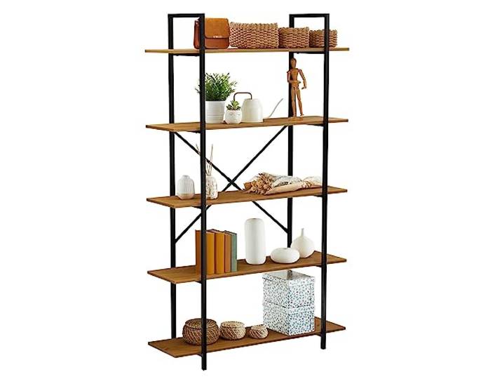 CARO-Möbel Bücherregal MEDA aus Metall und MDF/Spanplatte Wildeicheoptik im Industrial Stil, Wohnzimmerregal mit 5 Regalböden im minimalistischen Vintage Design