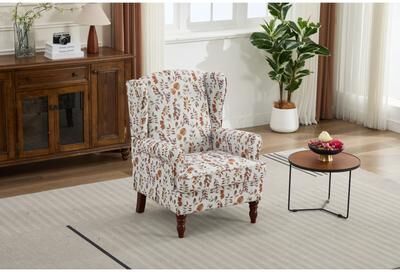"GDFStudio - 37.80"" Floral Linen Upholstered Wingback Accent Chair with Retro Solid Wood Legs"
