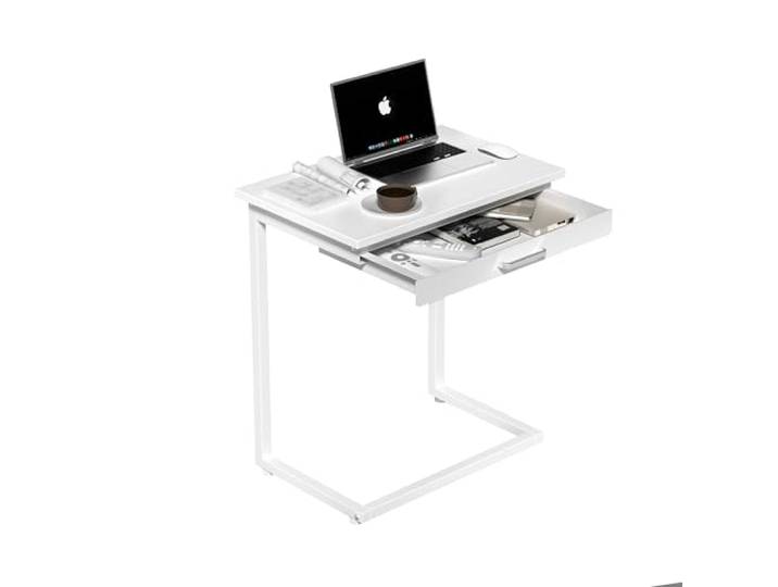 Serxis C-förmiger Beistelltisch, kleiner Couch-Beistelltisch mit Schublade, für Wohnzimmer, Schlafzimmer, Zeitschriften, Computer, oCffee, Aufbewahrung kleiner Objekte, Weiß