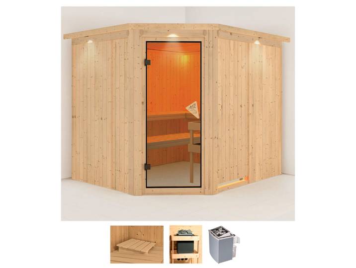 Sauna KARIBU Marit , beige (naturbelassen), Saunaofen, integrierte Steuerung, 9 kW, Saunen, Sauna, 9-kW-Ofen mit integrierter Steuerung