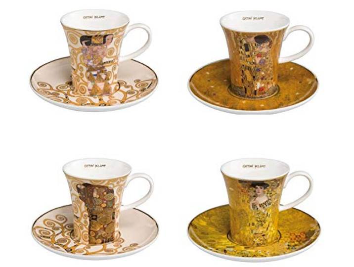 CREAFLOR HOME 4er Set Gustav Klimt Espressotassen konisch ALLE Motive H. 8cm Goebel Porzellan
