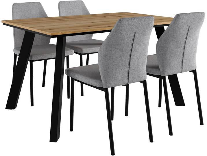 Essgruppe OTTO HOME Genf Tischgruppe, Esstisch plus 4 Stühle , grau (eichefarben, hellgrau), Webstoff, Sitzmöbel-Sets, Essgruppe, Küchentisch, 4 Stühle, moderne Tischplatte in eiche/schwarz
