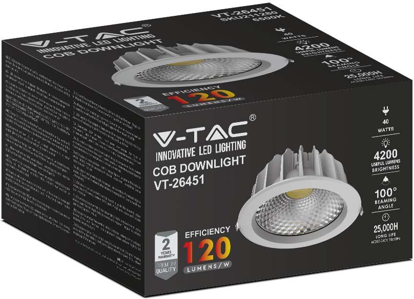 V-Tac Faretto Da Incasso Led Cob 40w Rotondo 120lm/w Colore Bianco Luce 6500k
