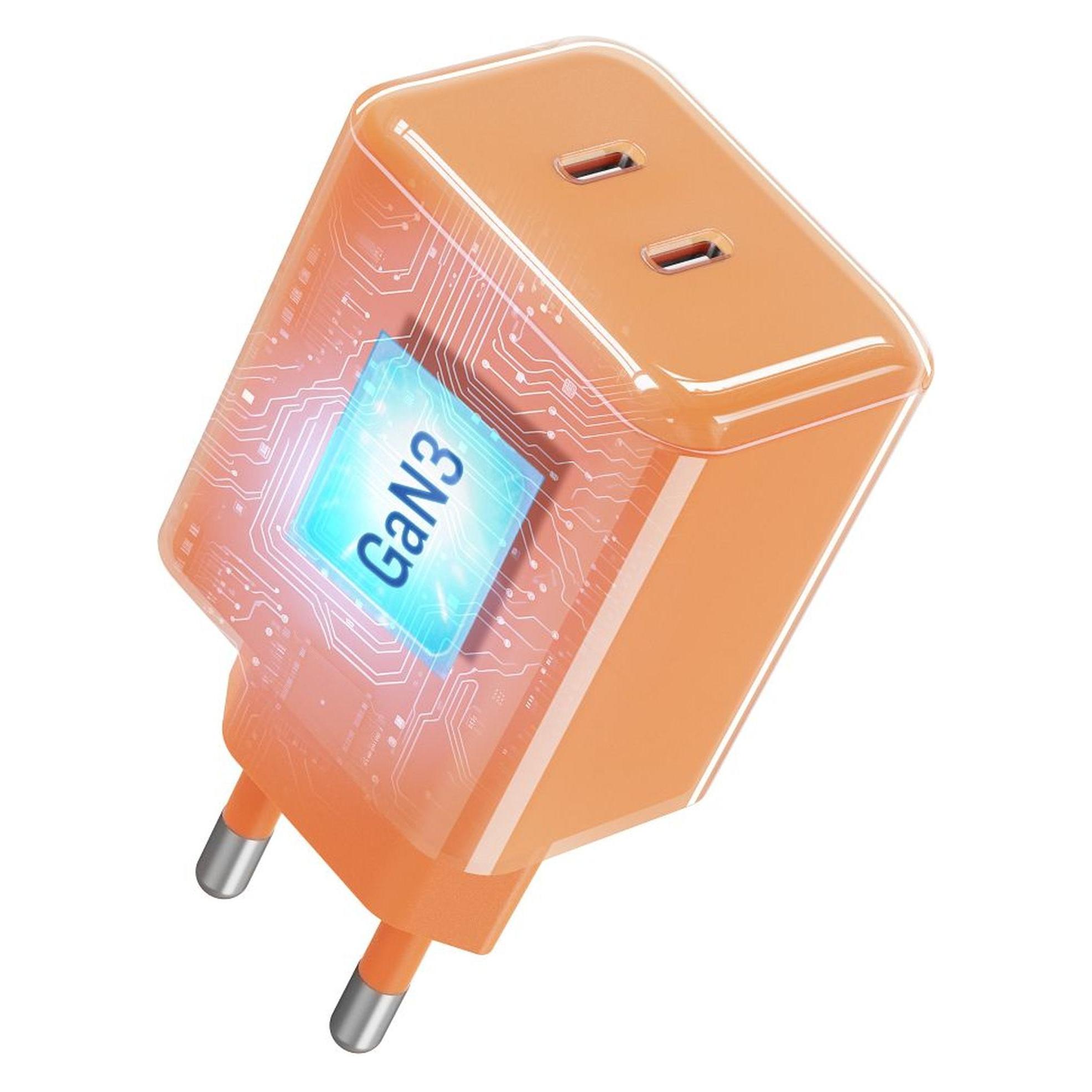 Forcell F-Energy GaN III Crystal Color Ladegerät - 2x USB-C - 60 W - mit Silikonkabel - Orange (60 W, 2 Ports) (VT-60 pomaranczowa)