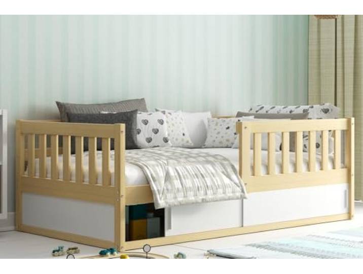 Interbeds Kinderbett 80x160 cm aus Holz mit Rausfallschutz – Montessori Bodenbett mit Schutzbarriere und Stauraum, Kinderbett für Jungen und Mädchen, Naturholz Smart (Naturton)