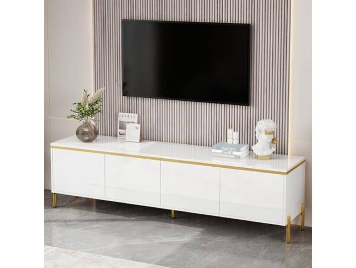 Merax Hochglanz TV-Lowboard 170x38x50cm, mit 4 Türen, TV-Ständer mit Stauraum, Kabeldurchführungen, goldfarbenem Kantenband und Metallfüßen, moderner TV-Schrank für Wohnzimmer, Weiß