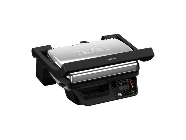 Kontaktgrill TEFAL OptiGrill One GC7Q0D , schwarz (edelstahl, schwarz), B:33cm H:18,8cm T:36,8cm, Kontaktgrill_Standgrill_Tischgrill_Teppanyakigrill, Kontaktgrill, Anpassung der Garzeit, Messung der Dicke des Grillguts, 3 Programme